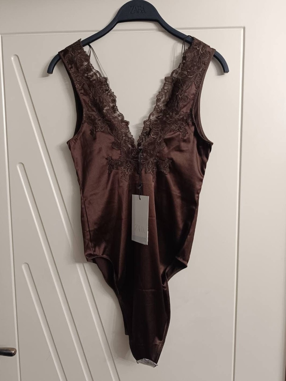 Zara Chocolate Brown Satin Lace-Trim Bodysuit - Picture 3 of 12